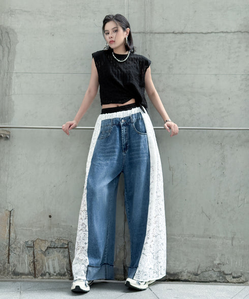 Lace Contrast Wide Denim Pants